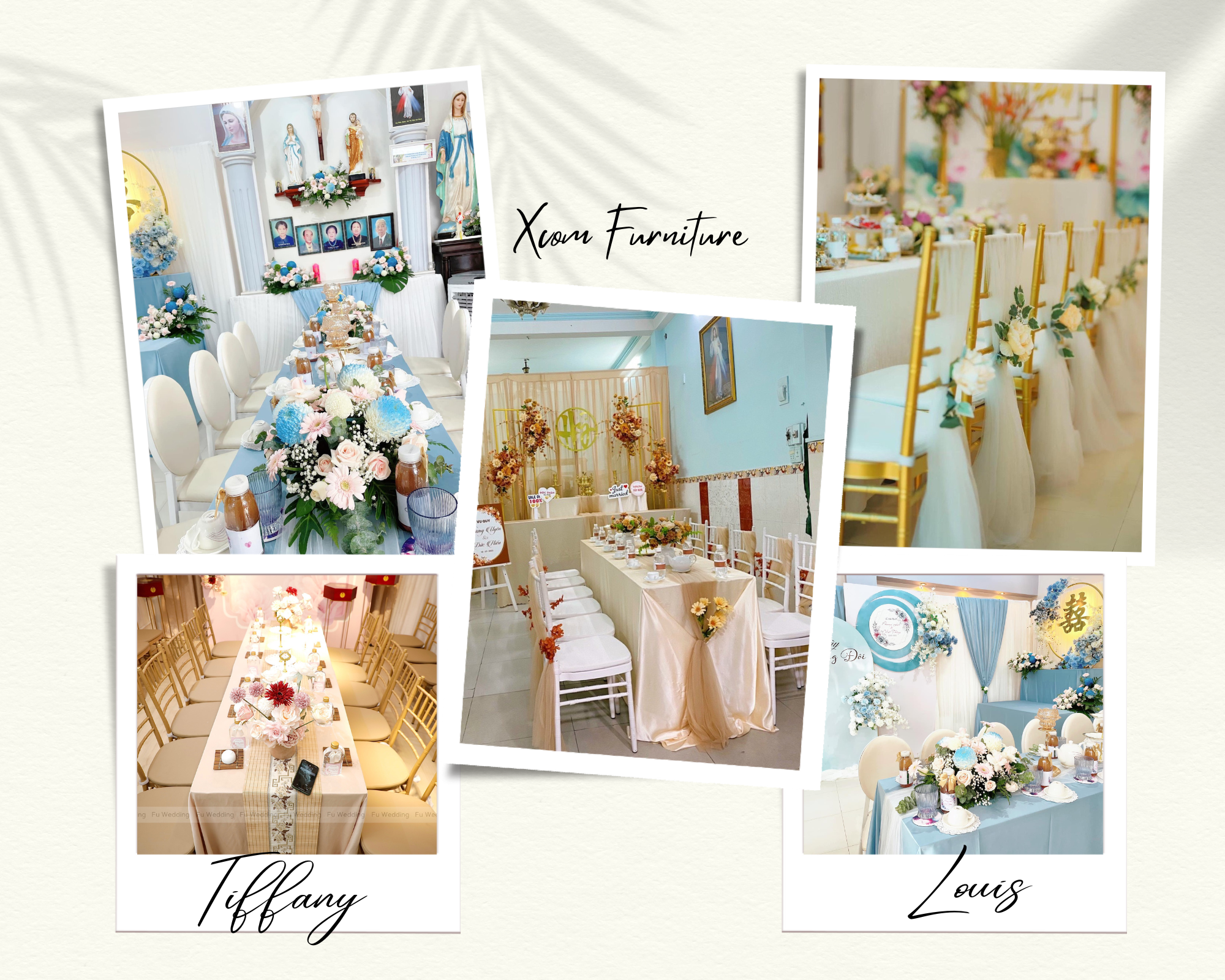 Các không gian tiệc cưới sử dụng ghế Tiffany và ghế Louis của Xcom Furniture